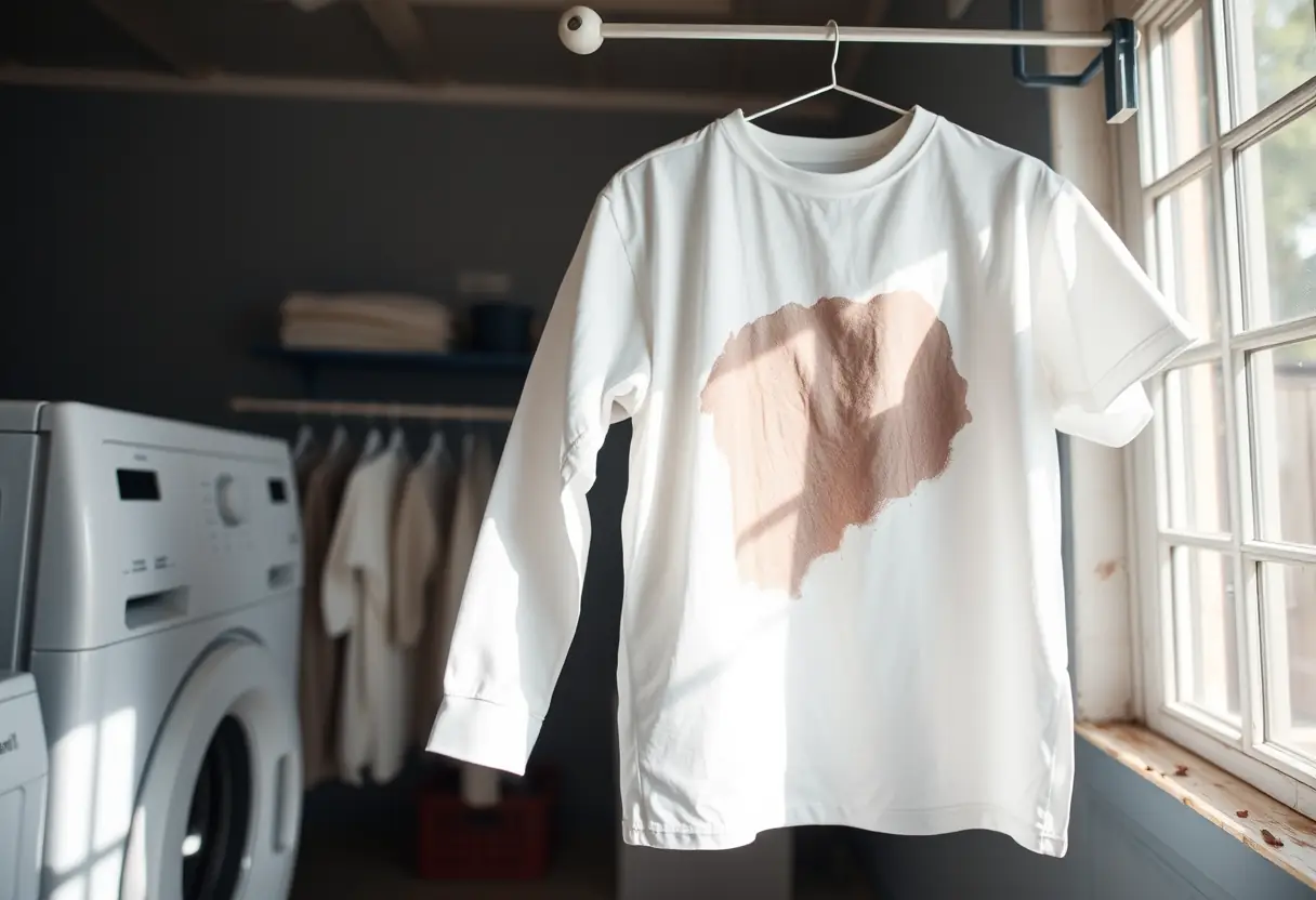 Un t-shirt blanc avec une tache d’encre en train de sécher dans une pièce lumineuse