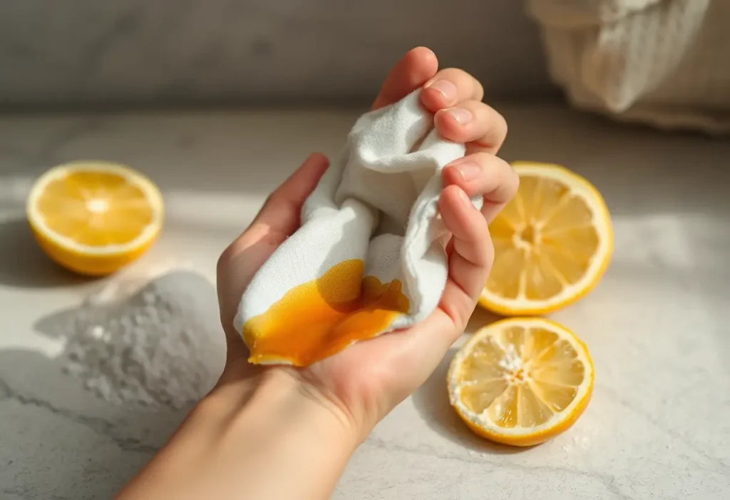 Un morceau de coton blanc taché de thé, du bicarbonate de soude et un demi-citron, éclairés naturellement