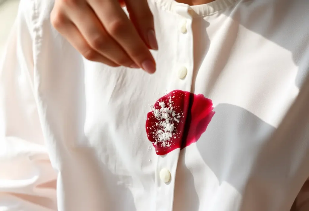 Main: une main féminine saupoudre délicatement du bicarbonate de soude sur une tache de vin rouge sur un t-shirt en coton