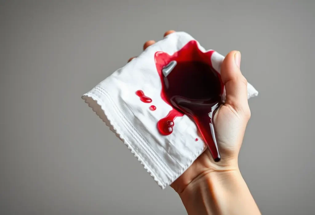 Un torchon en coton taché de vin rouge avec des bulles d'eau, soulignant l'importance de réagir rapidement