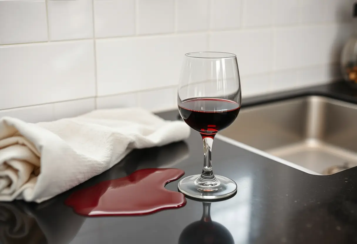 Un comptoir de cuisine avec un verre de vin rouge et un torchon en coton blanc, montrant l'importance de réagir rapidement à une tache