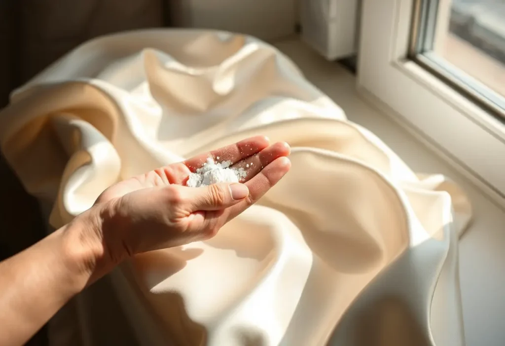 Une main posant de la poudre talquée sur un tissu satiné, la lumière douce entre à travers une fenêtre.