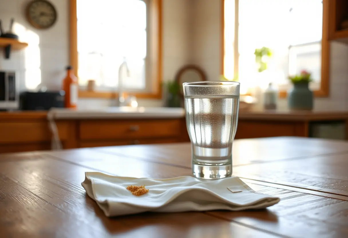 Un plan de travail en bois dans une cuisine éclairée par la lumière du jour, une serviette en satin tachée à côté d'une carafe d'eau.