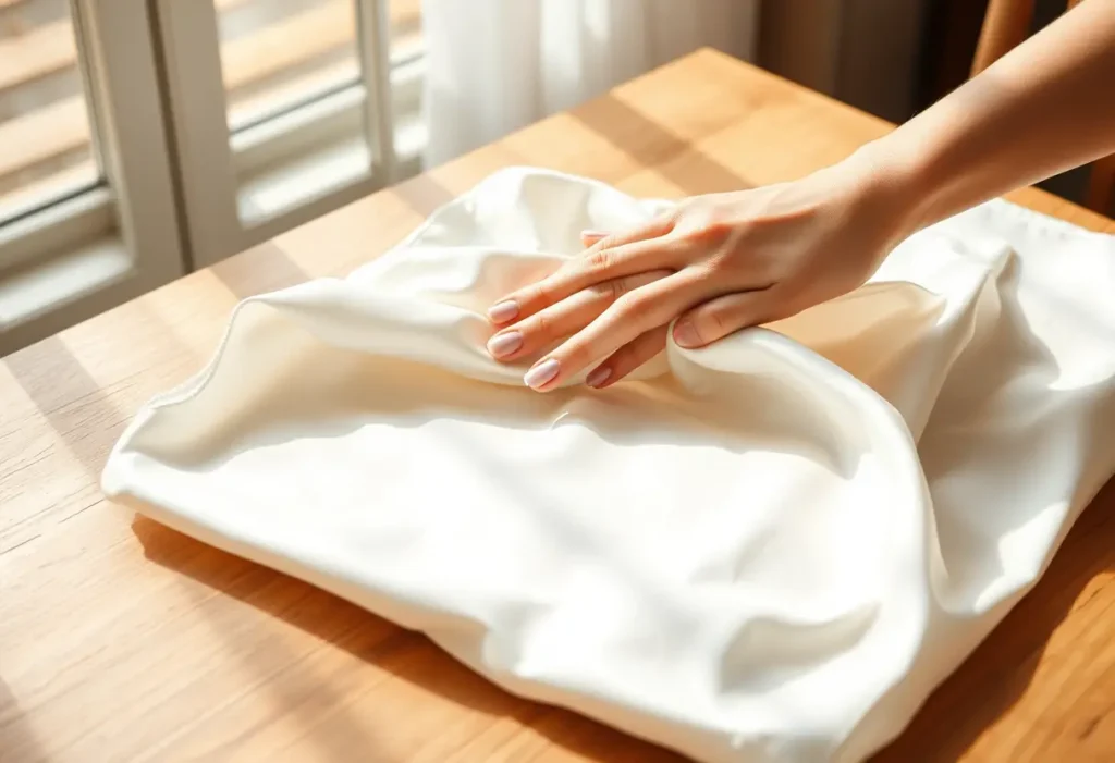 Main: une main féminine tenant un morceau de tissu blanc sur un satin précieux