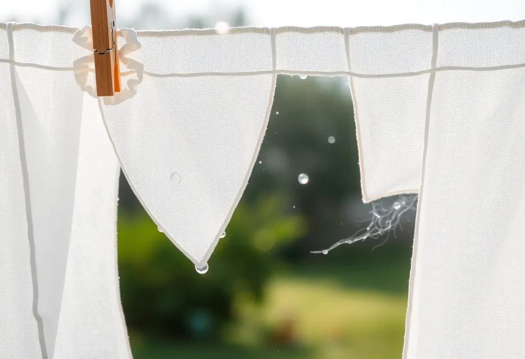 Main: un torchon en coton blanc qui sèche sur une corde à linge, des gouttelettes d'eau brillent sur sa surface.
