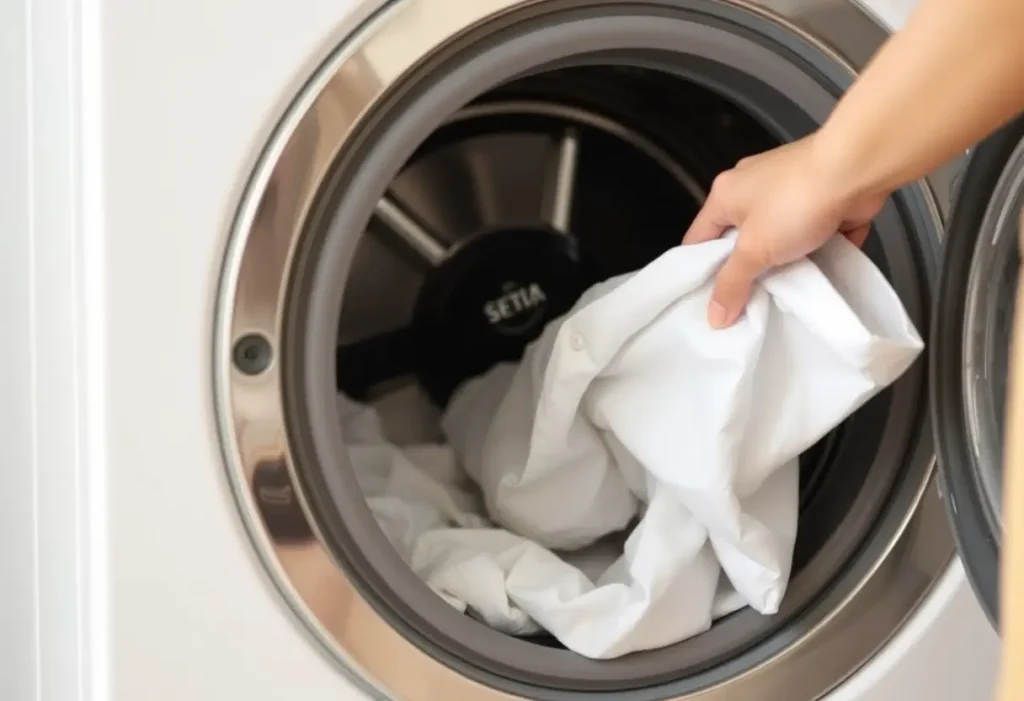 Main de femme posant délicatement un vêtement en coton dans une machine à laver