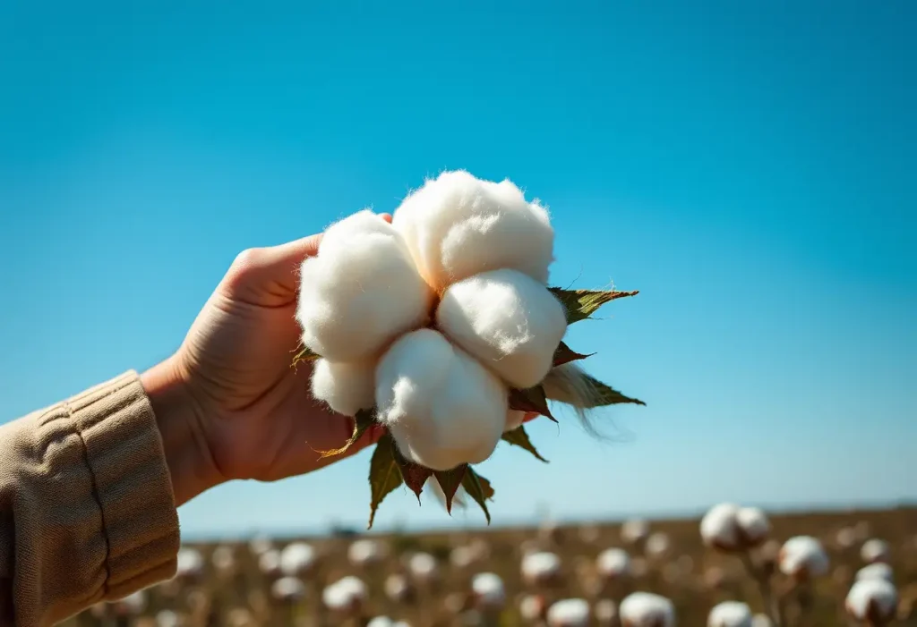 Main de fermier tenant un coquille de coton, fibres blanches visibles, bien-être et acceptation de soi