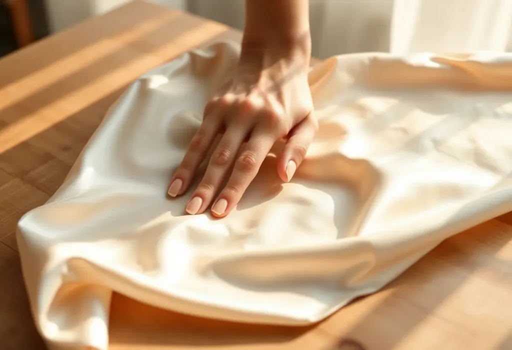 Une main féminine caresse délicatement un morceau de satin sur une table en bois