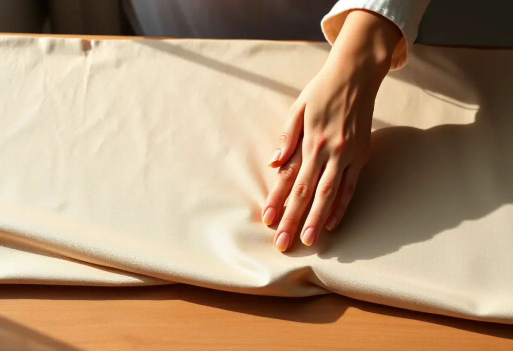 Une main lisse du satin polyester sur une table