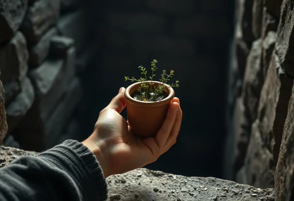 Une main tient un pot d'herbes médicinales dans une cellule sombre