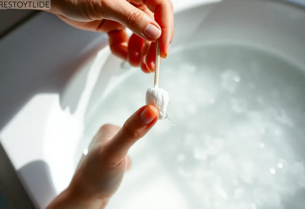 Main: une main tenant un coton-tige imbibé d'eau, près d'un récipient d'eau froide.