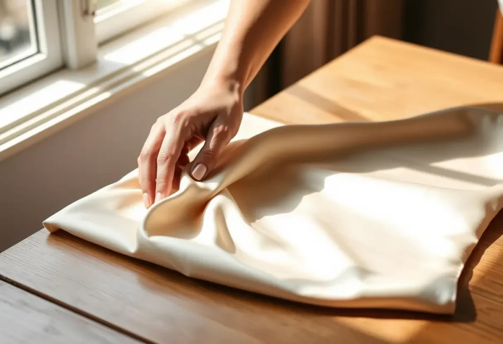 Une main féminine tient un morceau de tissu satin, dans une pièce baignée de lumière naturelle.
