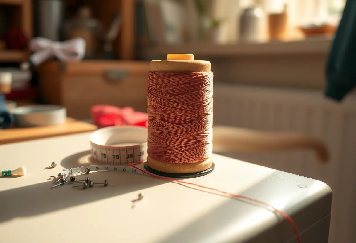 Un fil à coudre sur un fuseau dans un atelier de couture accueillant, éclairé par la lumière du jour.