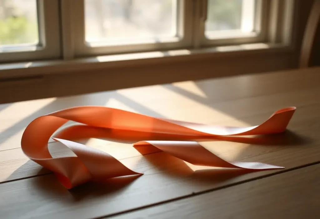 Ruban satin plié sur une table en bois, lumière naturelle