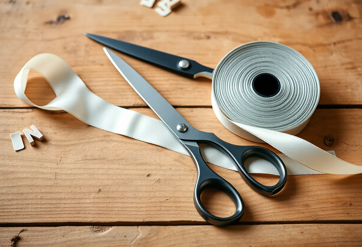 Ciseaux tranchants à côté d'un rouleau de ruban satin sur un plan de travail en bois