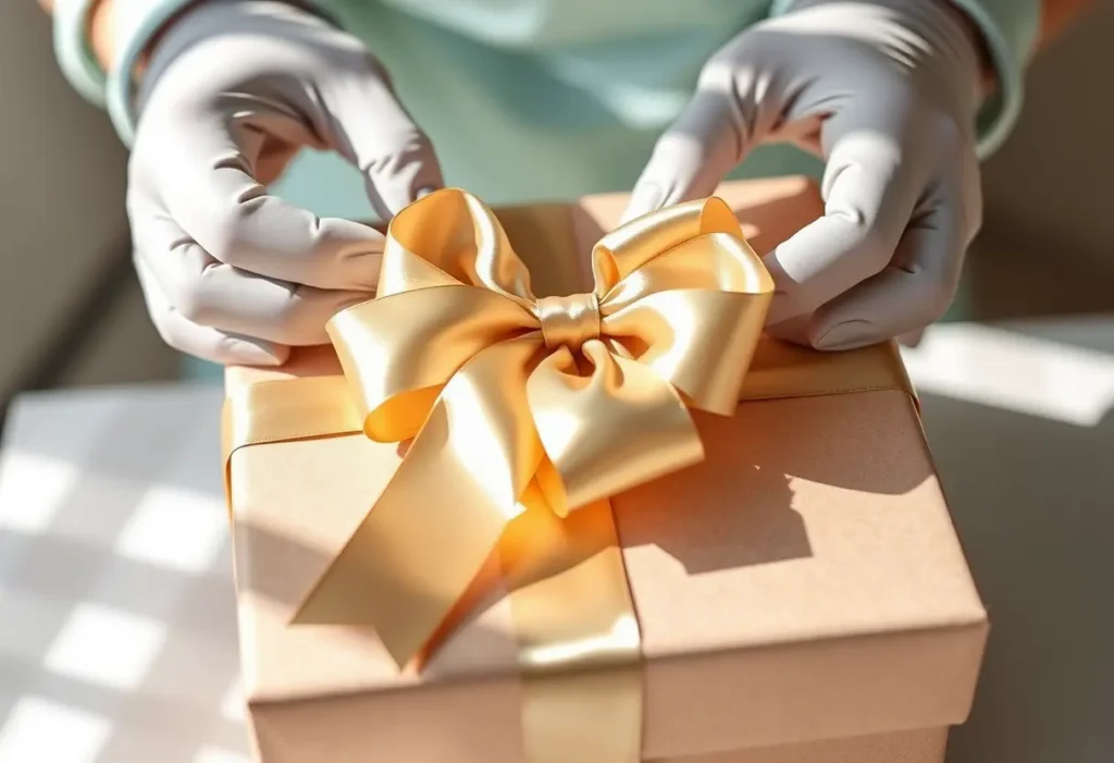 Un joli nœud papillon en satin sur un paquet cadeau ajusté par des mains gantées, lumière naturelle