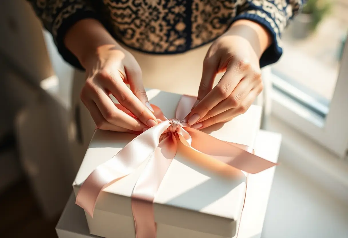 Une main féminine en train de nouer un ruban satin autour d'un paquet cadeau, illustrant l'art de la décoration élégante.
