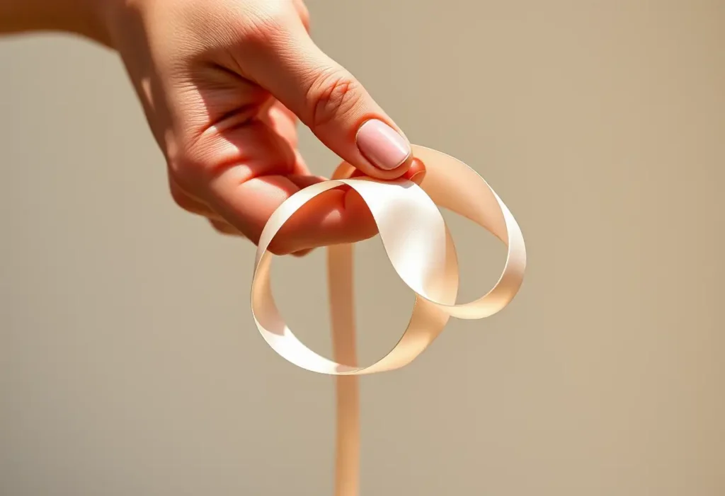 Une main féminine forme délicatement deux boucles avec un ruban de satin, la lumière joue sur sa brillance