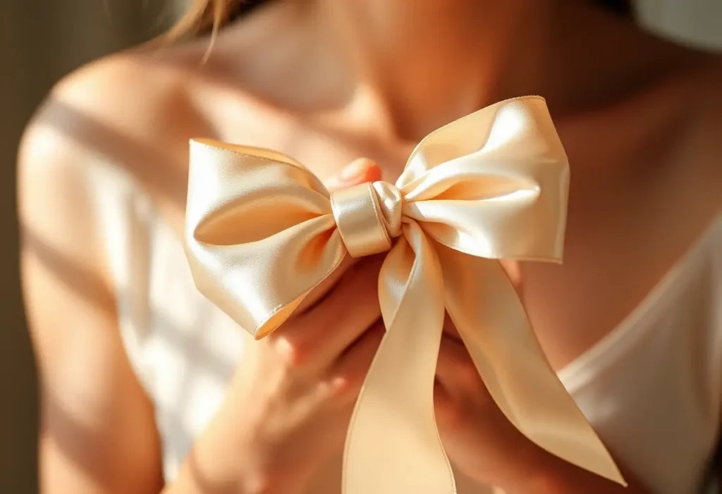 Une main féminine tenant délicatement un ruban de soie pour réaliser un nœud de satin