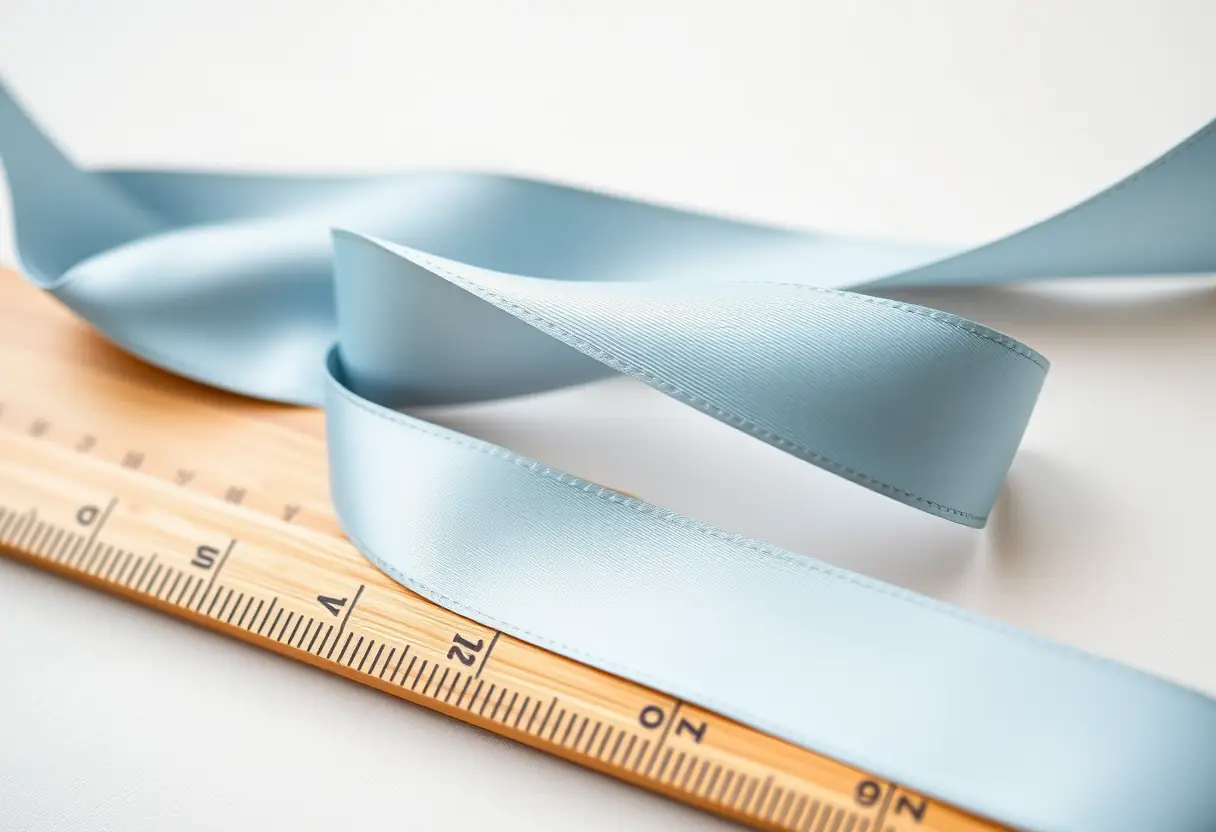 Un ruban satin de 5 cm de large posé sur un mètre en bois, soulignant son élégance et sa polyvalence