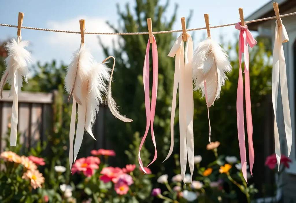 Plumes et rubans suspendus à une corde à linge dans un jardin