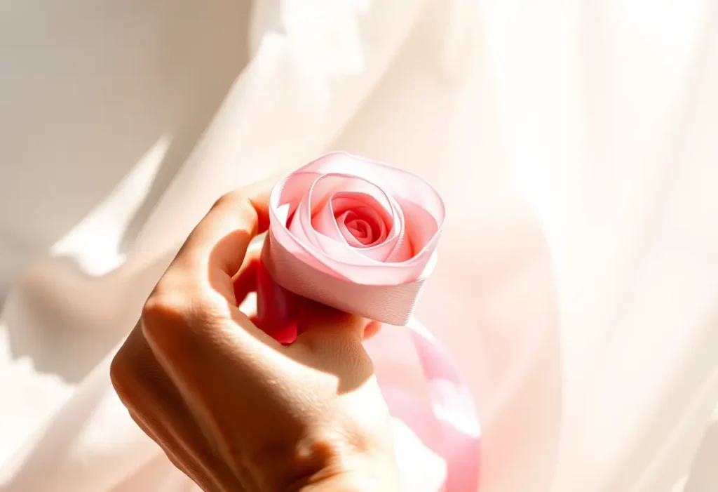 Une main féminine façonne délicatement une boutonnière en satin, évoquant la création artistique.