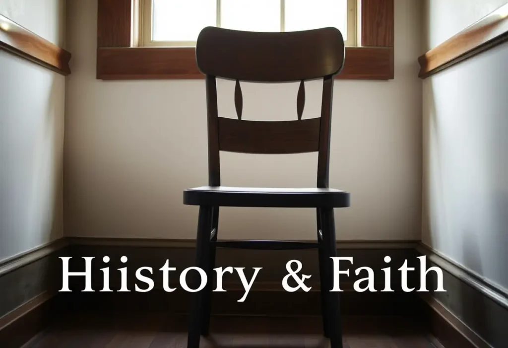 Une chaise en bois dans un coin de pièce, évoquant la réflexion sur l'histoire et la foi, sous la lumière douce du matin.