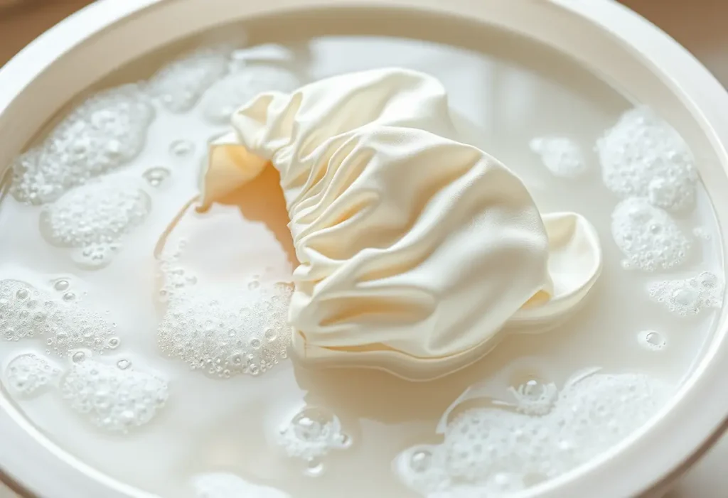 Bonnet en soie dans un seau d'eau tiède avec des bulles de savon