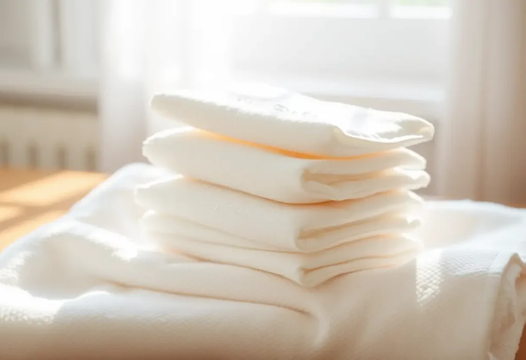 Des cotons démaquillants propres s'alignent sur un linge blanc, évoquant la propreté et la santé de la peau.