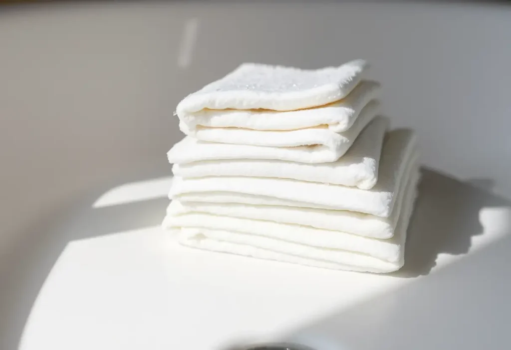 Un tas de cotons démaquillants dans un lavabo blanc, gouttes d'eau brillantes, éco-responsable