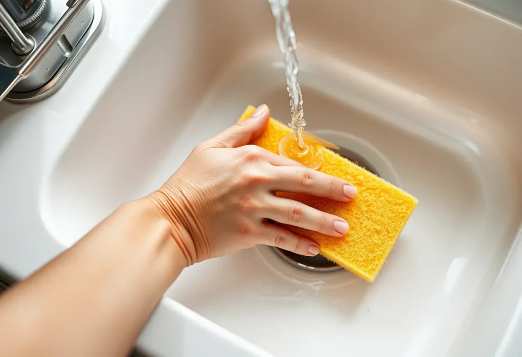 Une main tient un gant de toilette en éponge de bambou dans un évier, prélavage en cours