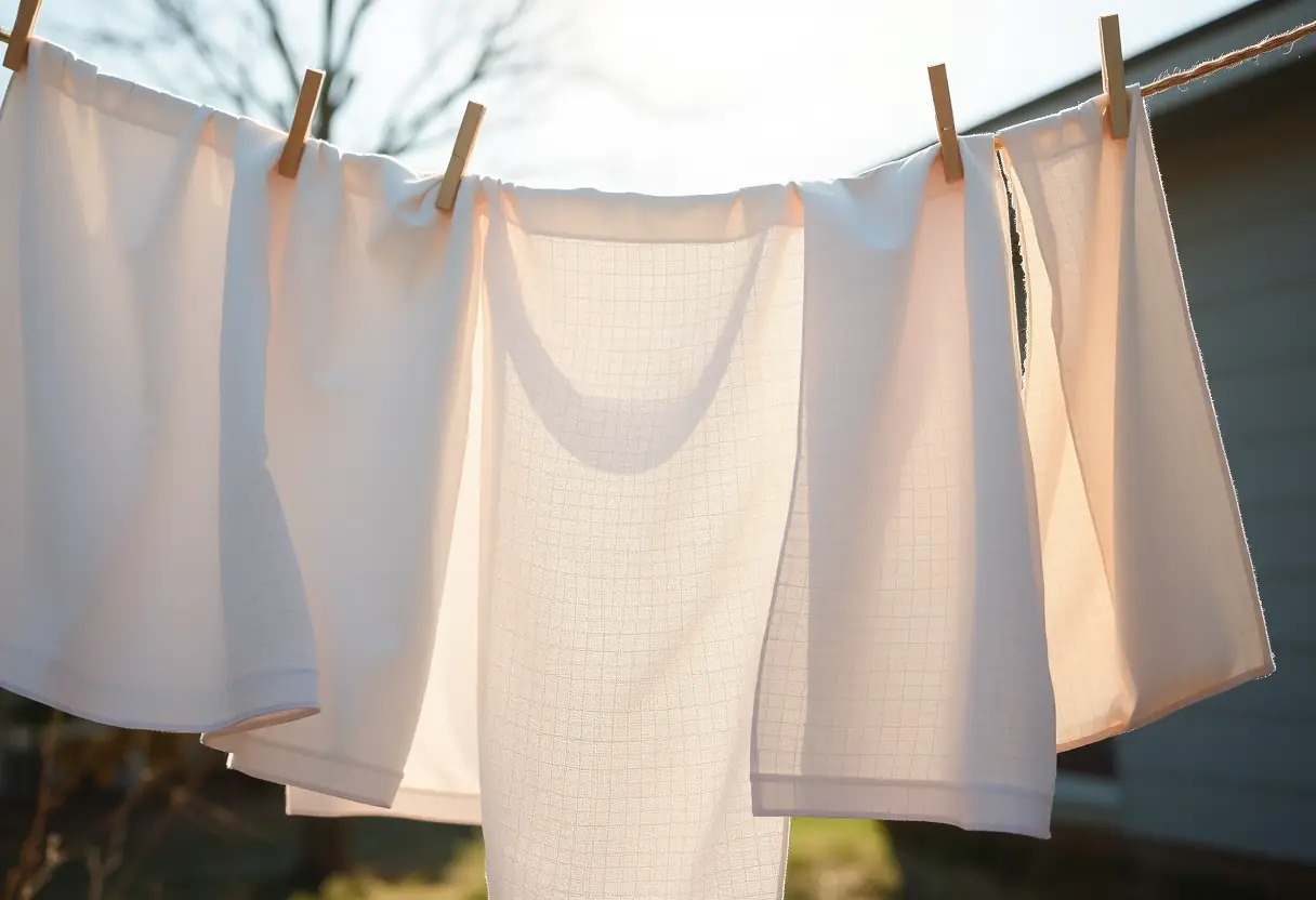 Une pile de linges en coton sèchent sur une corde à linge extérieure, la lumière du soleur filtre à travers le tissu