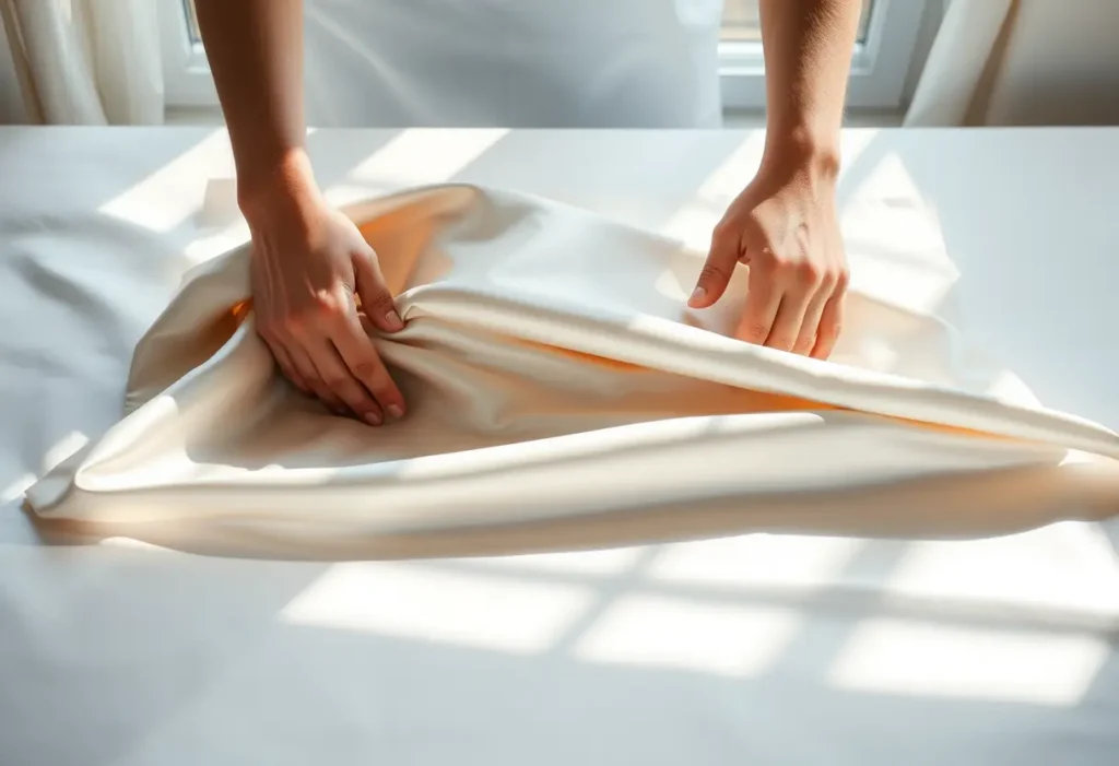 Des mains repliant doucement un drap en satin, soulignant sa douceur