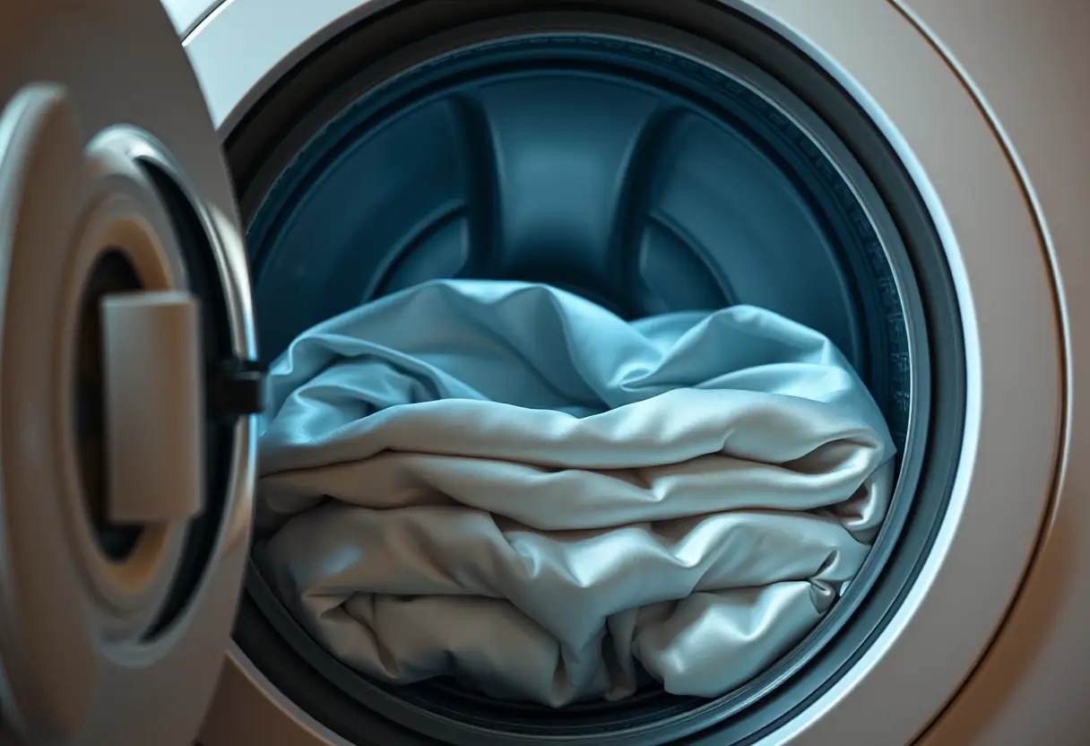 Une porte de lave-linge se refermant sur des draps en satin retournes, protgeant leur douceur