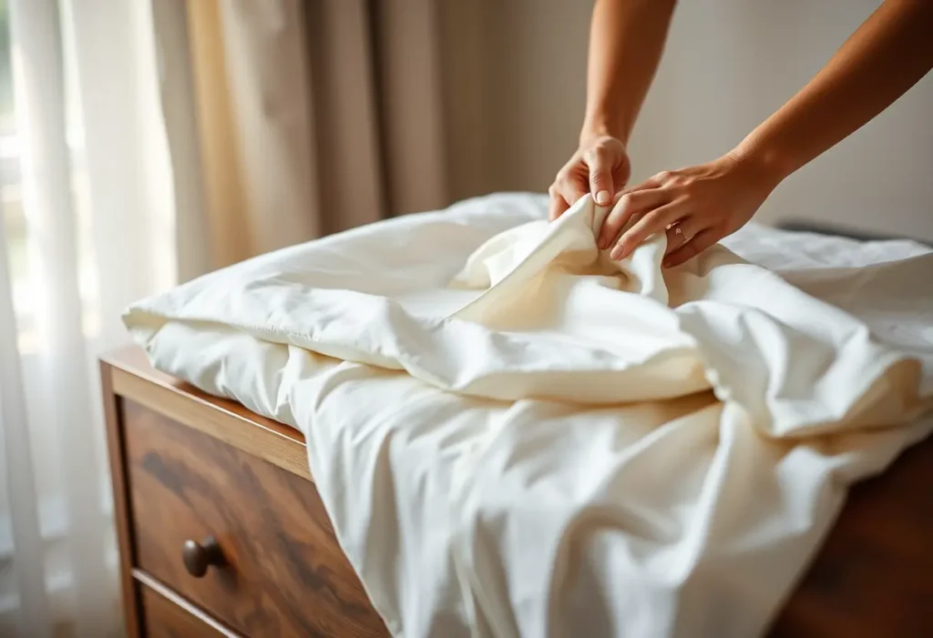 Des mains repliant délicatement des draps en satin de coton dans une chambre