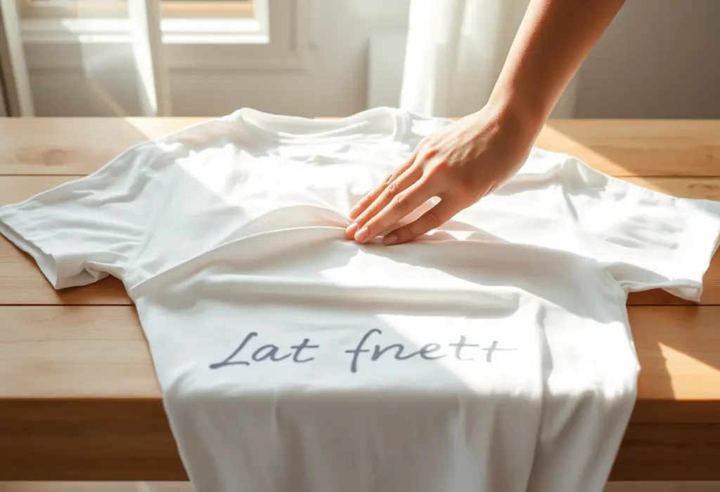 Une main retourne délicatement un tee-shirt en coton sur une table de repassage en bois