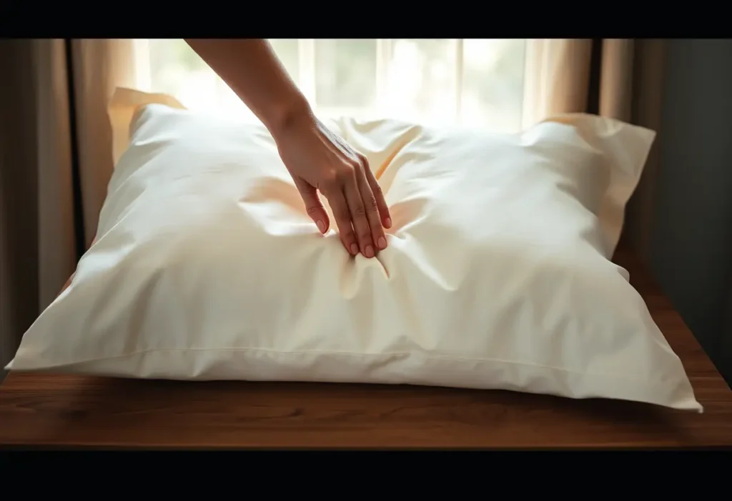 Une main féminine caresse doucement un oreiller en satin de soie sur une commode en bois