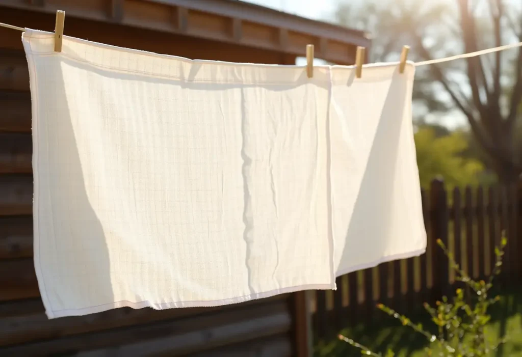 Un torchon en gaze de coton se tord sur une corde à linge extérieure, la lumière du soir met en valeur sa douceur