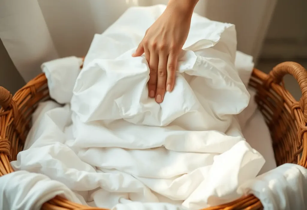 Une main trie des draps blancs dans un panier à linge en bois, éclairés par la lumière du matin.