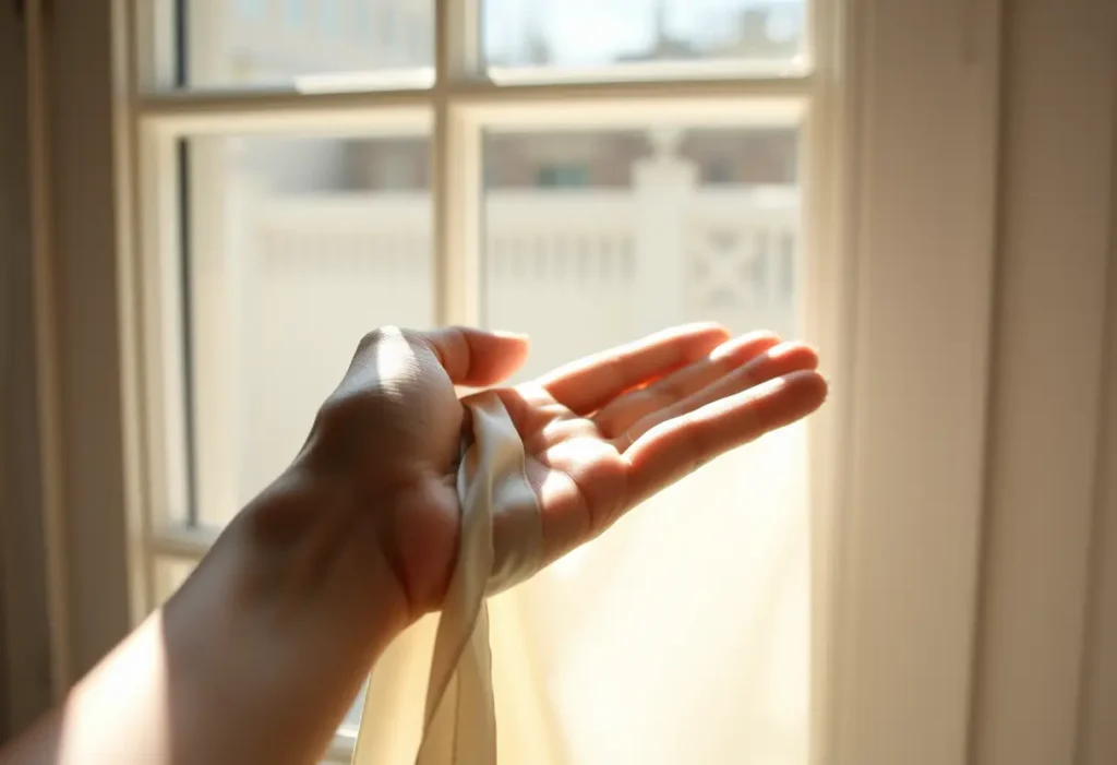 Une main féminine tient délicatement un morceau de satin luisant