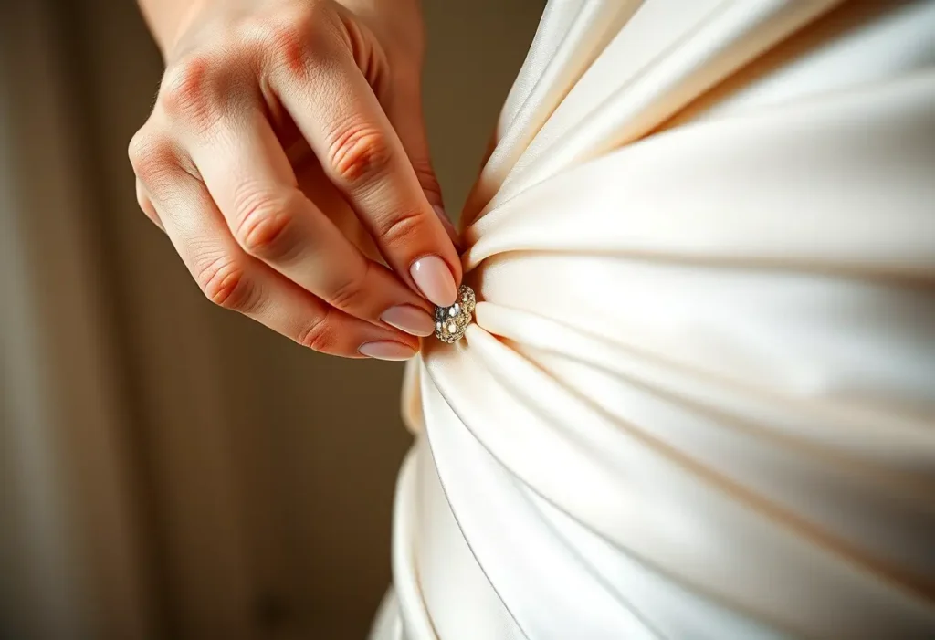 Une main féminine prend soin d'un paillette sur une robe en satin.