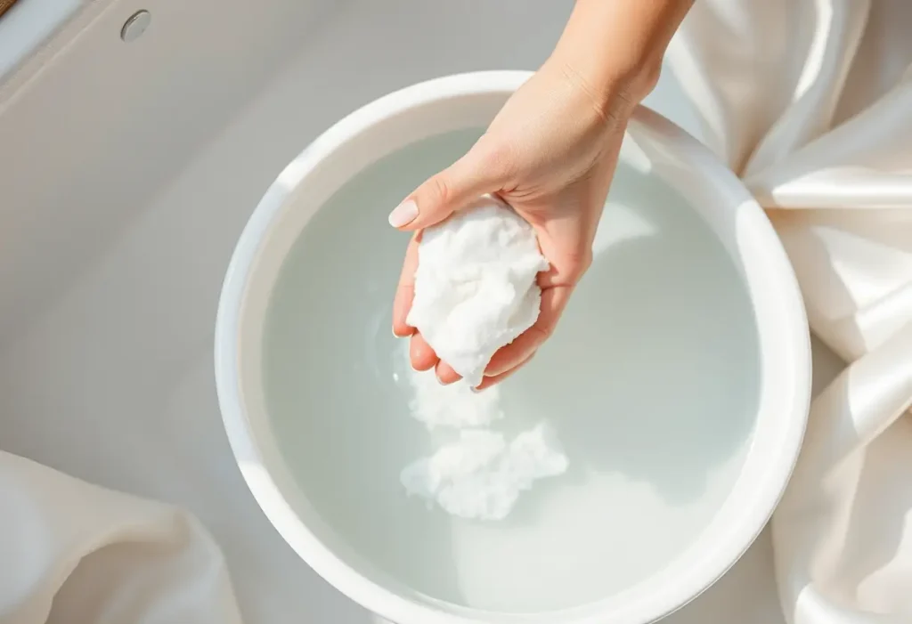 Une main féminine serre délicatement un récipient rempli d'eau froide et de détergent doux pour nettoyer le satin