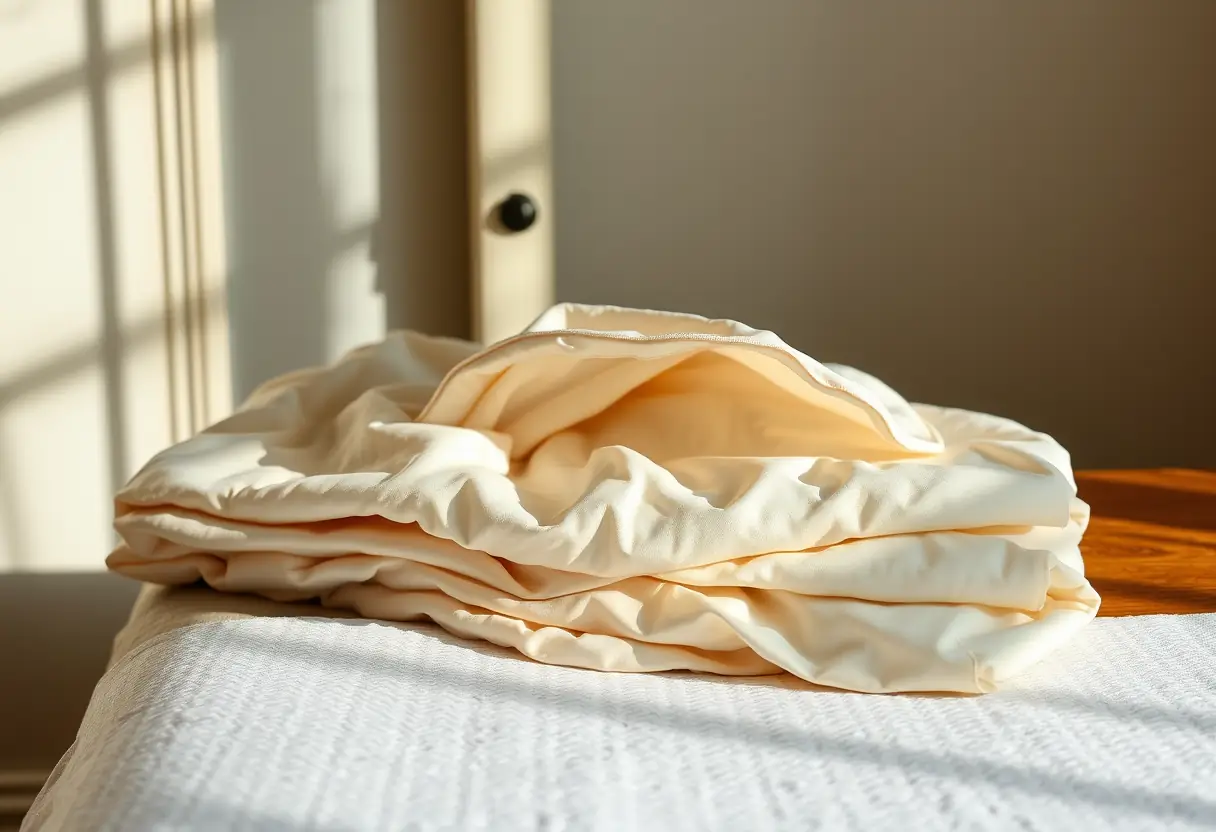 Des bonnets en satin pliés soigneusement sur une commode en bois, éclairés par la lumière du matin.