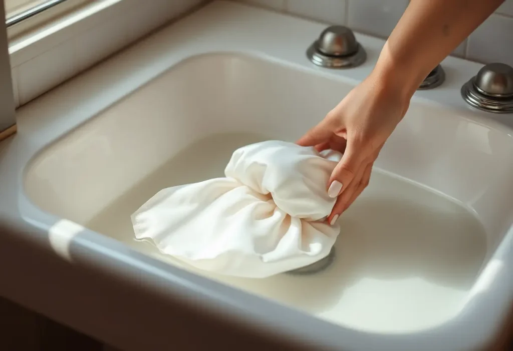 Une main féminine plonge délicatement un bonnet en satin dans un lavabo en porcelaine.