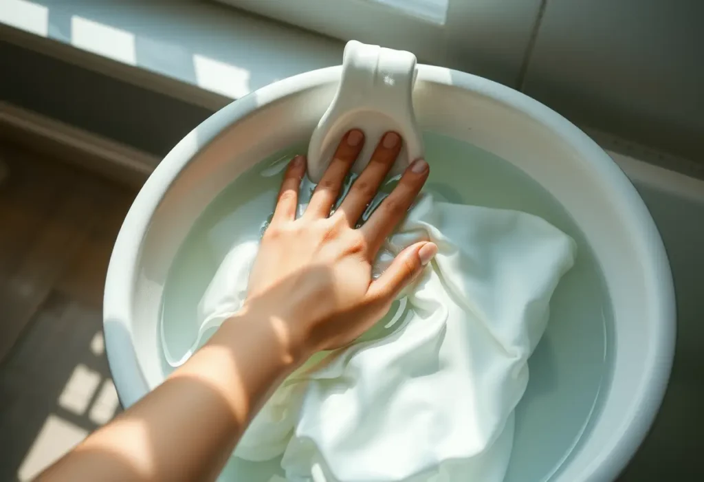 Main basse dans un récipient d'eau fraîche, nettoyant délicatement une chemise en satin
