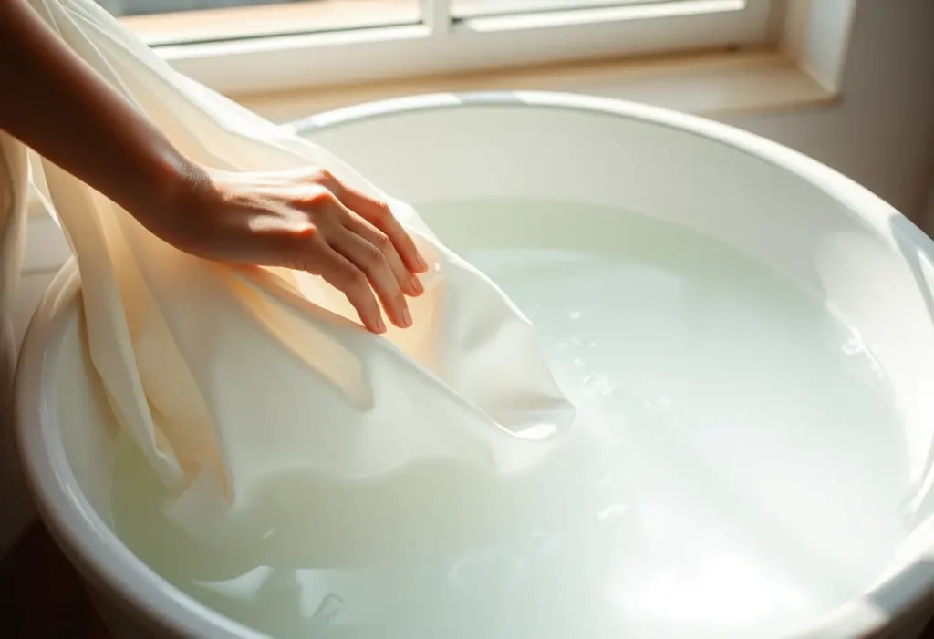 Une main féminine plonge délicatement une jupe en satin dans un baquet d'eau froide