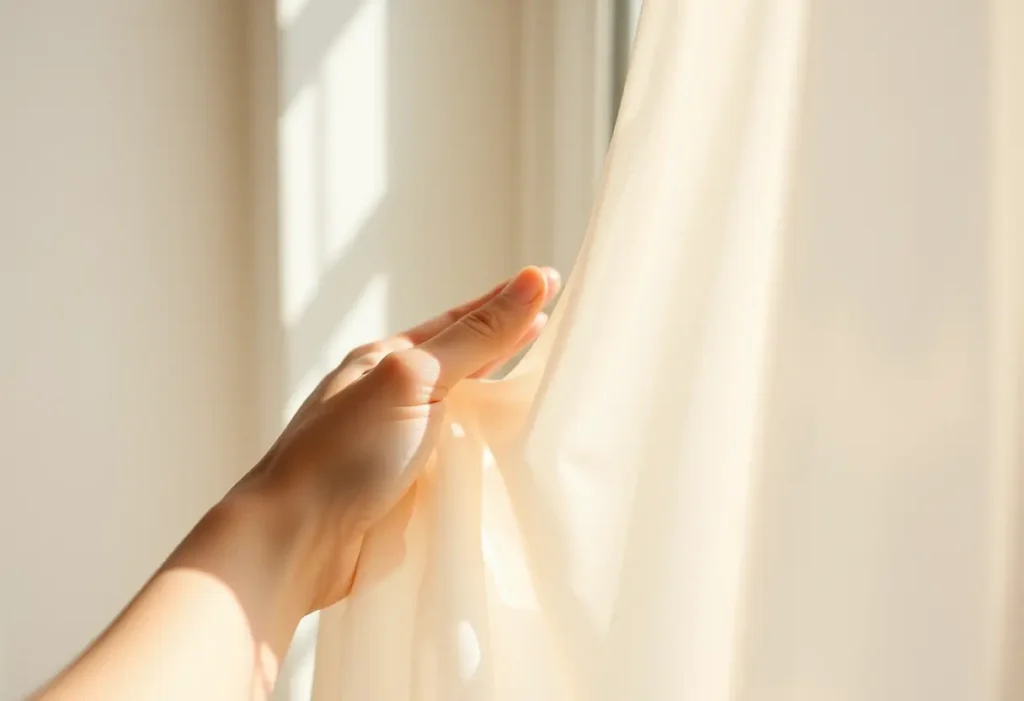Main: une main féminine tient délicatement un tissu en soie, mettant en valeur sa douceur.