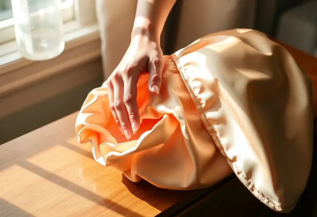 Une main lisse délicatement un bonnet en satin sur une commode en bois, éclairée par la lumière du matin