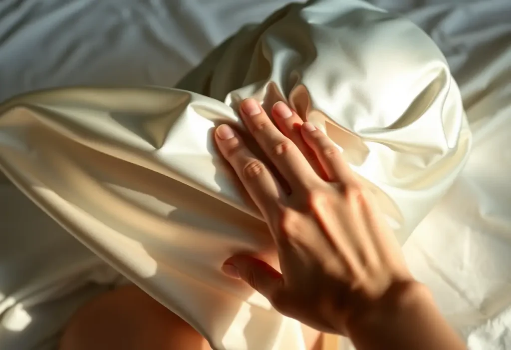 Main de femme lisant un bonnet de nuit en satin avant de se coucher