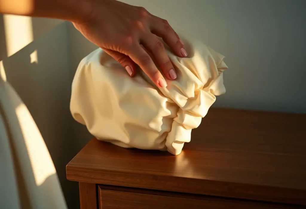 Une main féminine ajuste délicatement un bonnet en satin sur ses cheveux, éclairée par la lumière du soir